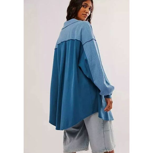 Free People Madeleine Sweatshirt Pullover Top Oversized Slouchy Cotton Large Blu - Picture 3 of 8